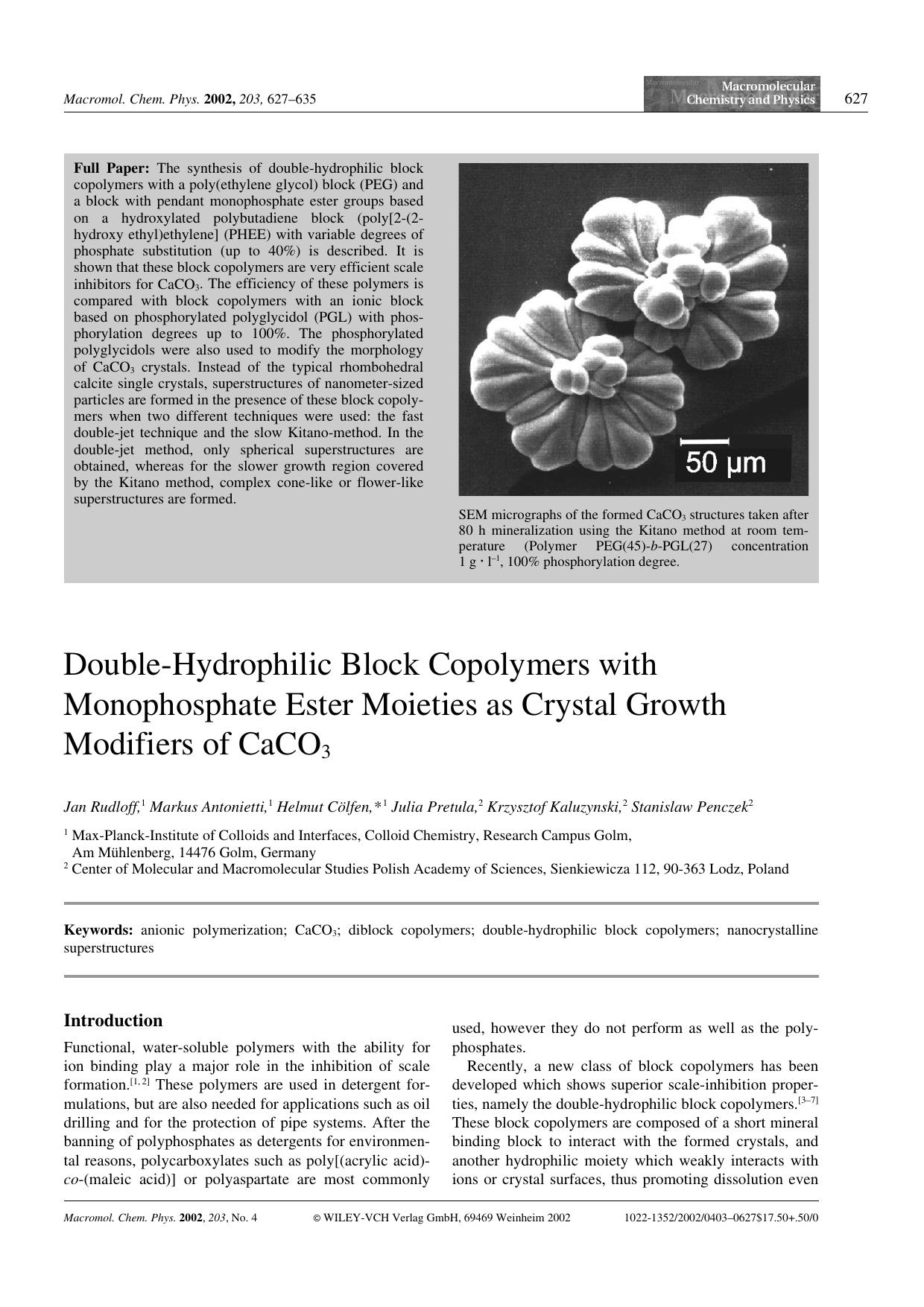 Double-Hydrophilic Block Copolymers with Monophosphate Ester Moieties as Crystal Growth Modifiers of CaCO3 by Unknown