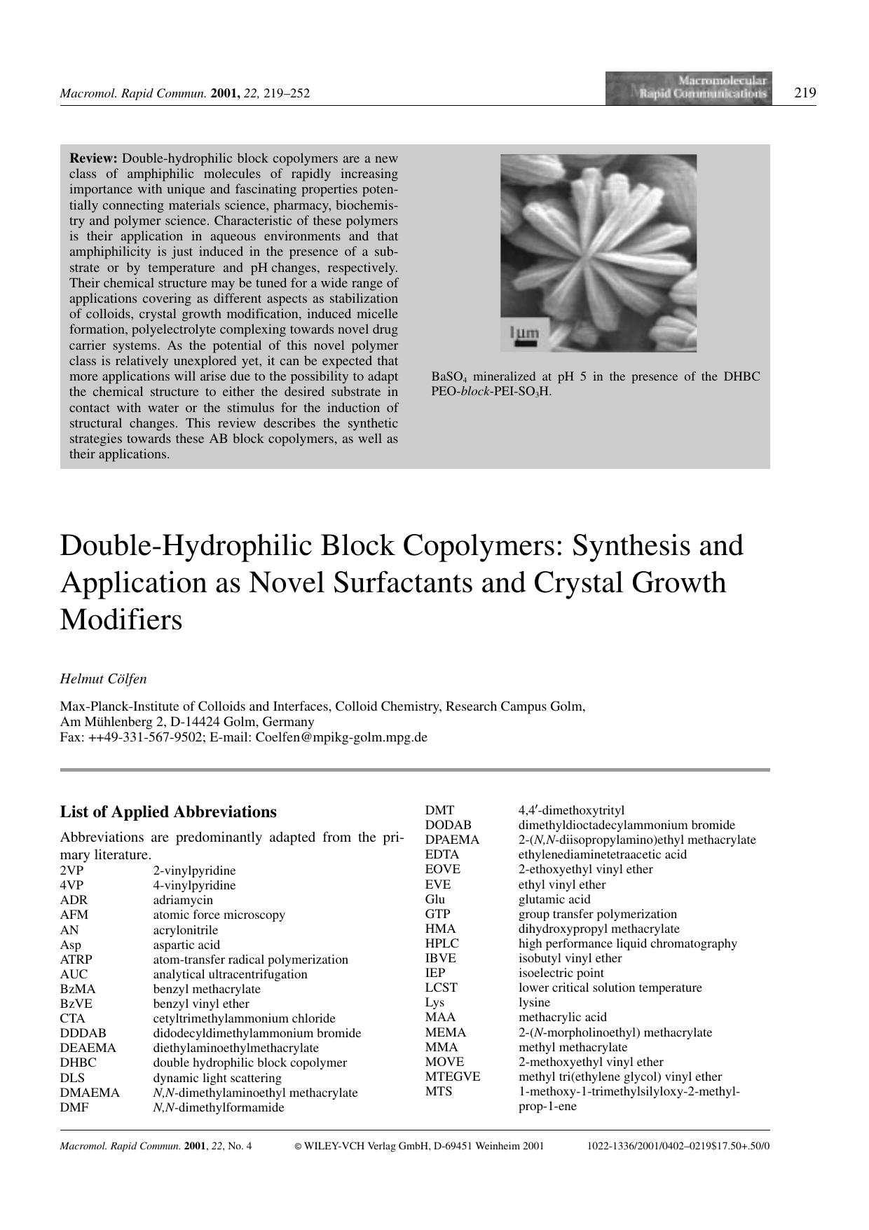 Double-Hydrophilic Block Copolymers: Synthesis and Application as Novel Surfactants and Crystal Growth Modifiers by Unknown