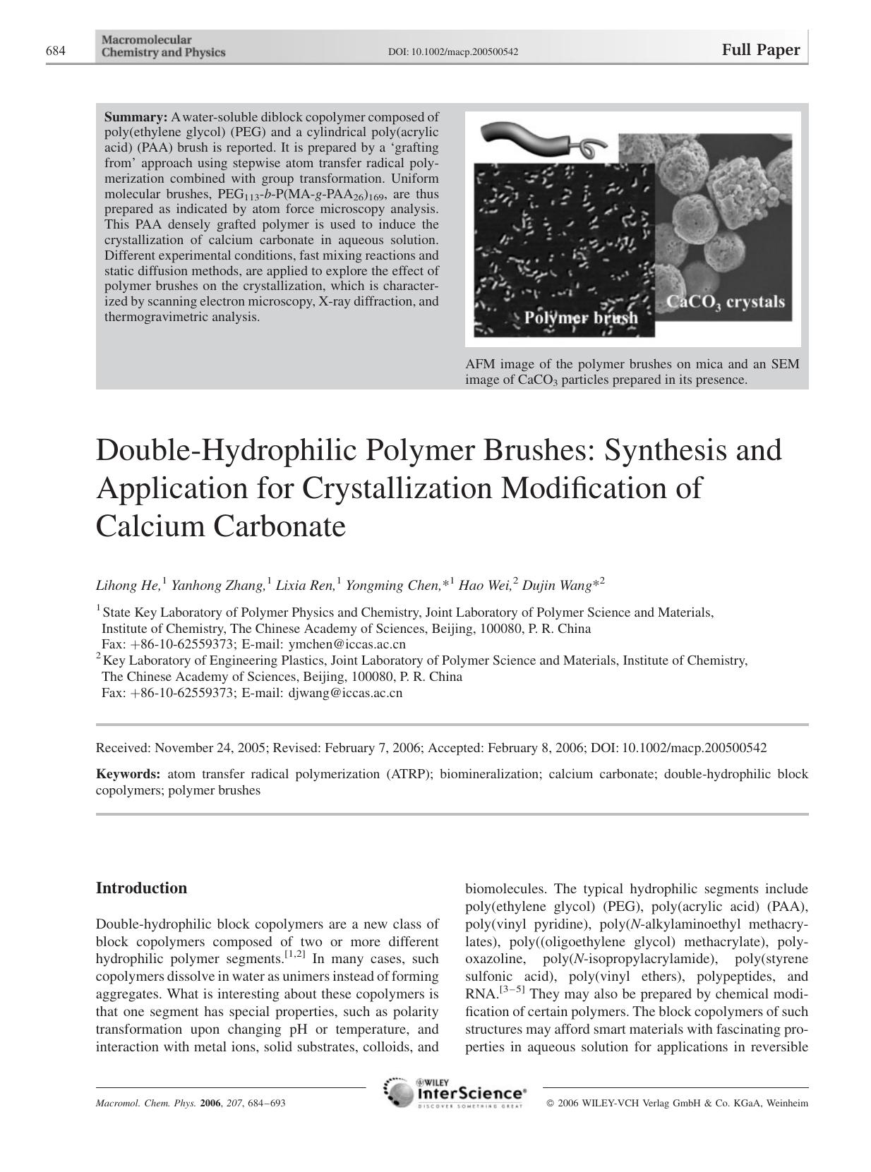 Double-Hydrophilic Polymer Brushes: Synthesis and Application for Crystallization Modification of Calcium Carbonate by Unknown