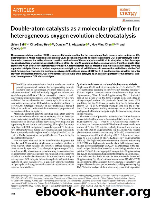 Double-atom catalysts as a molecular platform for heterogeneous oxygen evolution electrocatalysis by Lichen Bai & Chia-Shuo Hsu & Duncan T. L. Alexander & Hao Ming Chen & Xile Hu