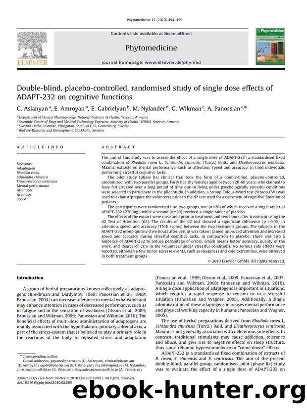 Double-blind, placebo-controlled, randomised study of single dose effects of ADAPT-232 on cognitive functions by G. Aslanyan; E. Amroyan; E. Gabrielyan; M. Nylander; G. Wikman; A. Panossian