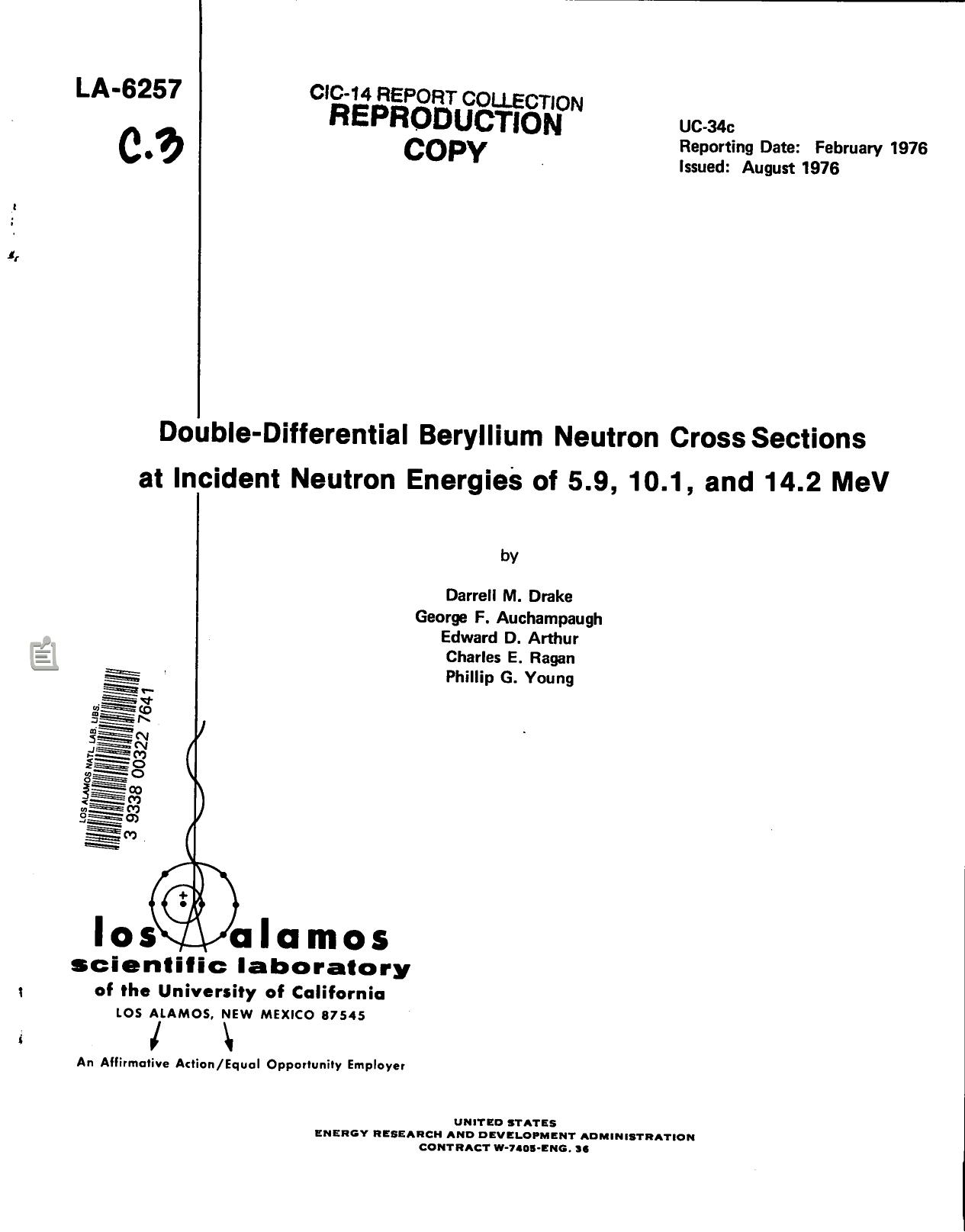 Double-differential beryllium neutron cross sections at incident neutron energies of 5.9, 10.1, and 14.2 MeV None by LANL Research Library LWW Project
