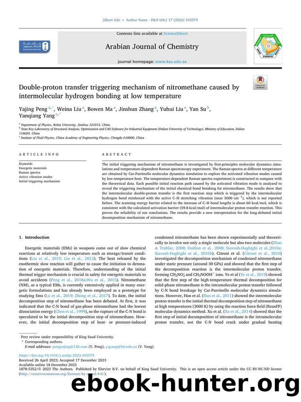Double-proton transfer triggering mechanism of nitromethane caused by intermolecular hydrogen bonding at low temperature by Yajing Peng & Weina Liu & Bowen Ma & Jinshun Zhang & Yuhui Liu & Yan Su & Yanqiang Yang