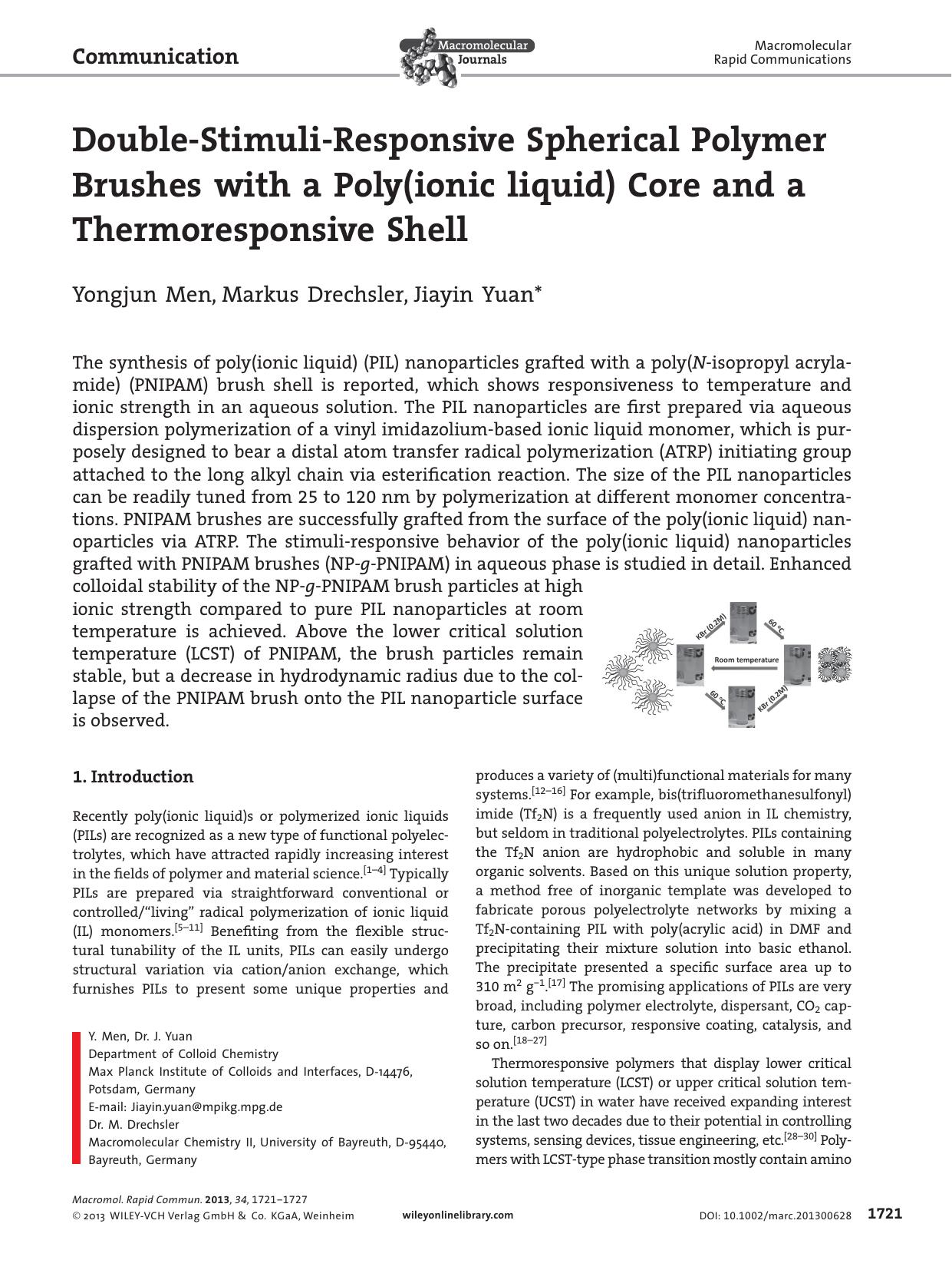 DoubleStimuliResponsive Spherical Polymer Brushes with a Poly(ionic liquid) Core and a Thermoresponsive Shell by s-w-270