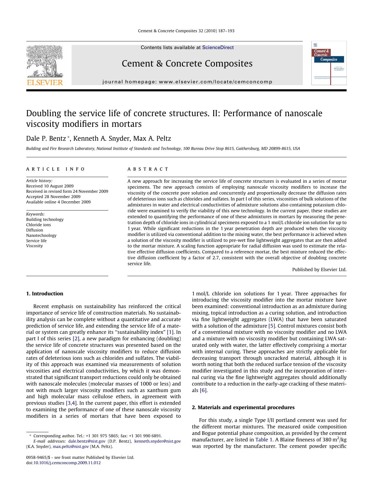 Doubling the service life of concrete structures. II: Performance of nanoscale viscosity modifiers in mortars by Dale P. Bentz; Kenneth A. Snyder; Max A. Peltz