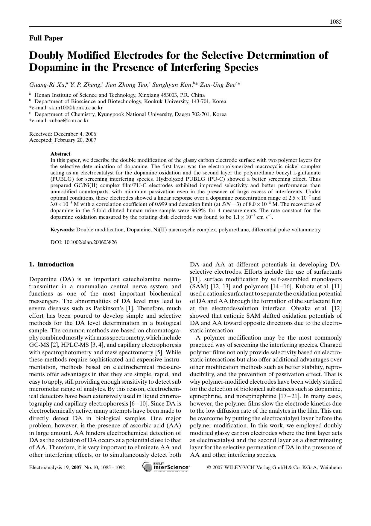 Doubly Modified Electrodes for the Selective Determination of Dopamine in the Presence of Interfering Species by Unknown