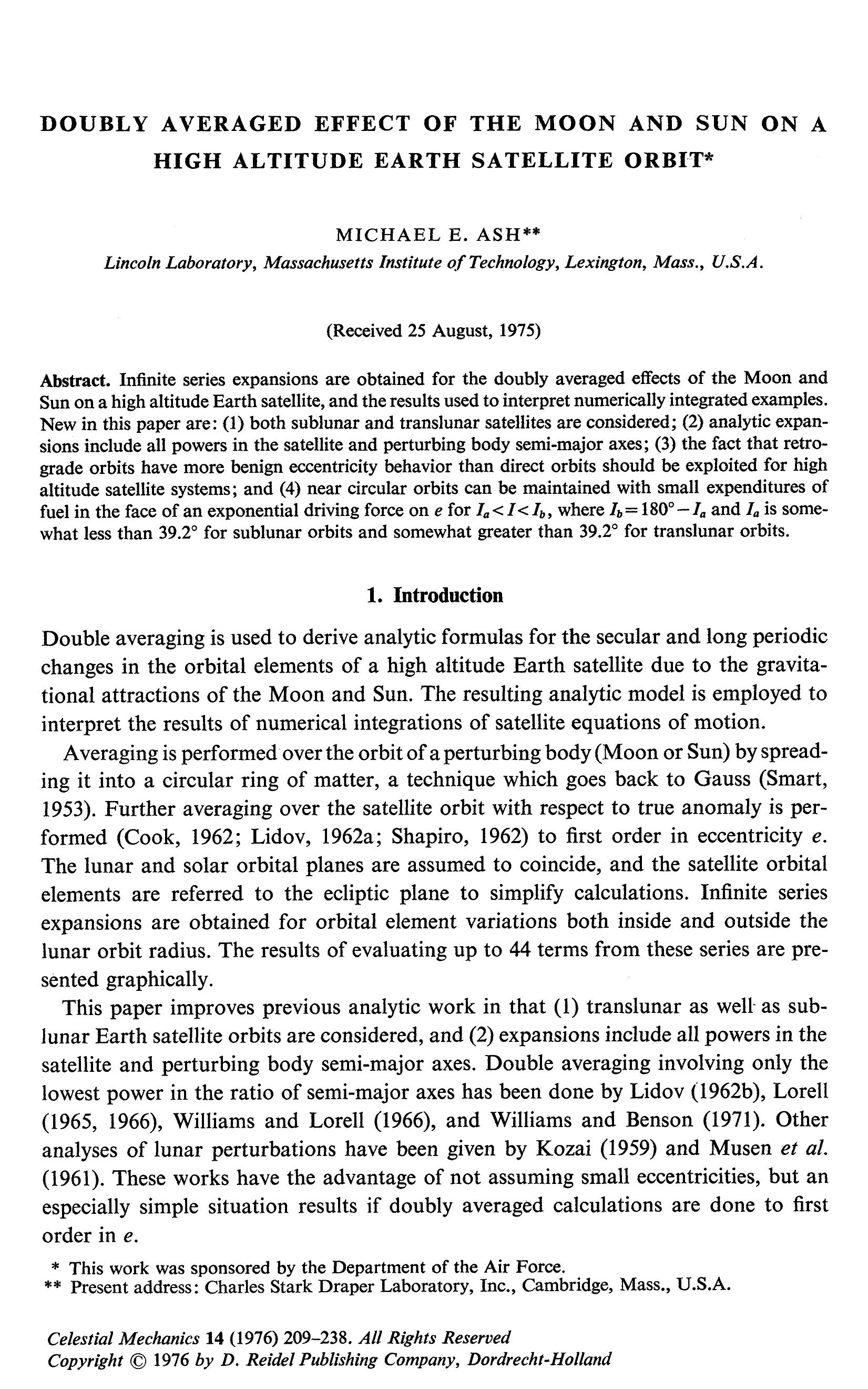 Doubly averaged effect of the Moon and Sun on a high altitude Earth satellite orbit by Unknown
