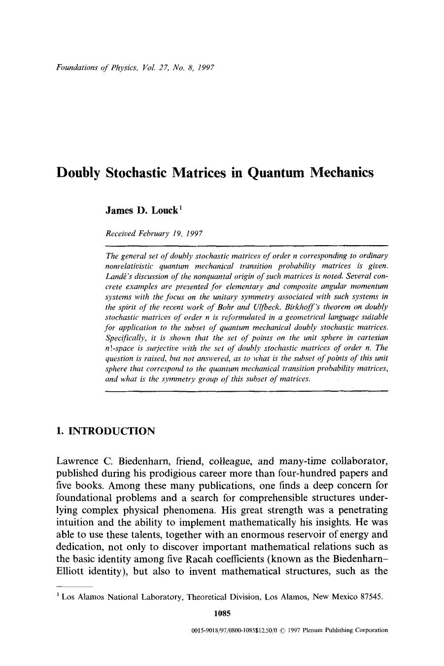 Doubly stochastic matrices in quantum mechanics by Unknown