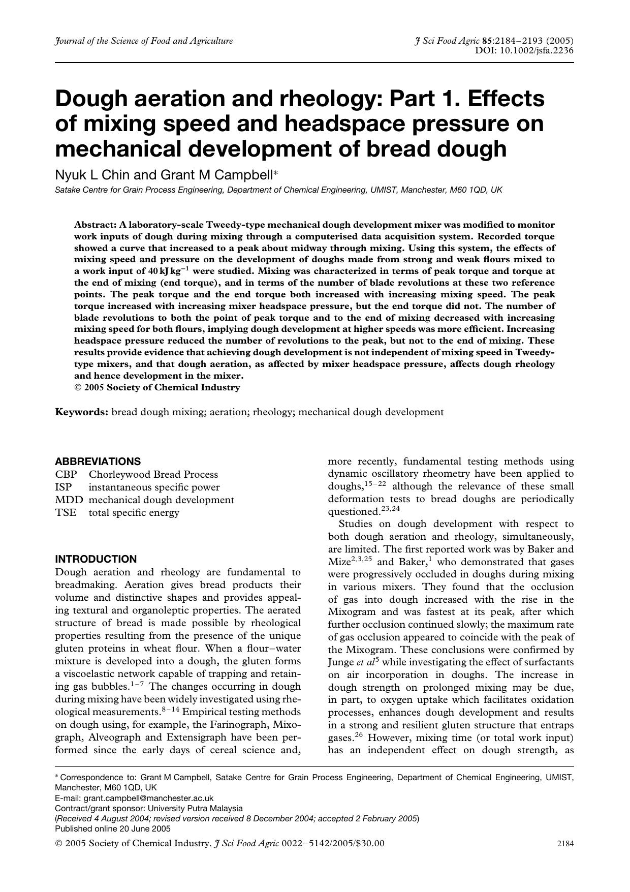 Dough aeration and rheology: Part 1. Effects of mixing speed and headspace pressure on mechanical development of bread dough by Unknown