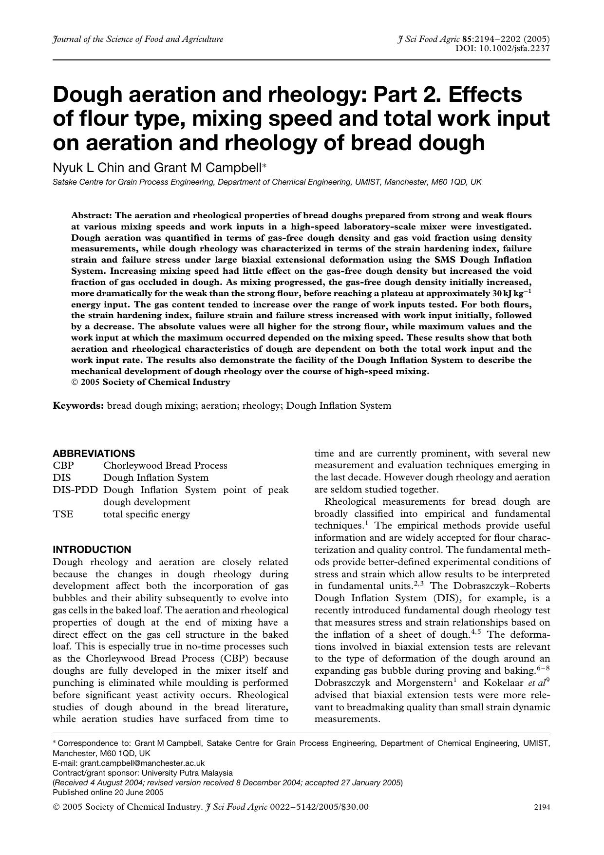 Dough aeration and rheology: Part 2. Effects of flour type, mixing speed and total work input on aeration and rheology of bread dough by Unknown