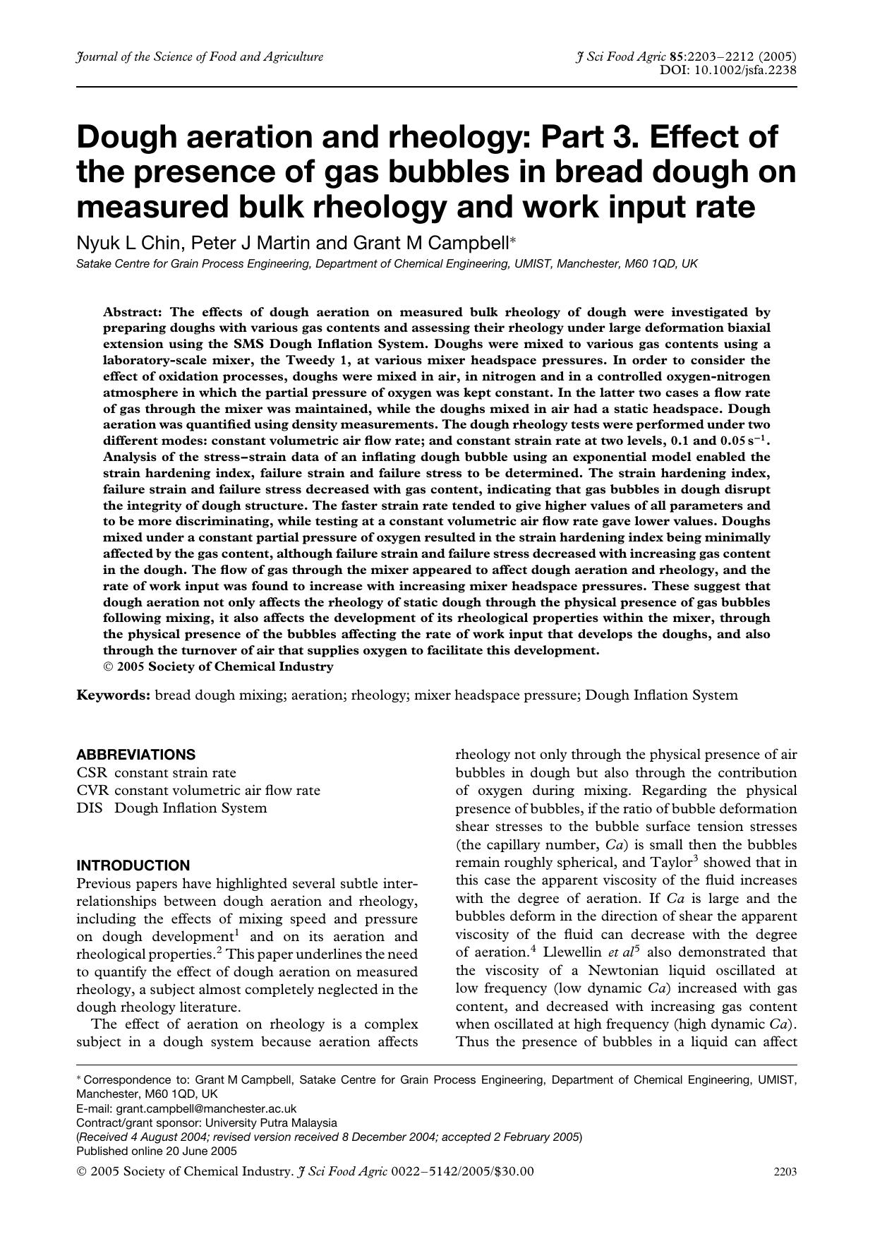 Dough aeration and rheology: Part 3. Effect of the presence of gas bubbles in bread dough on measured bulk rheology and work input rate by Unknown