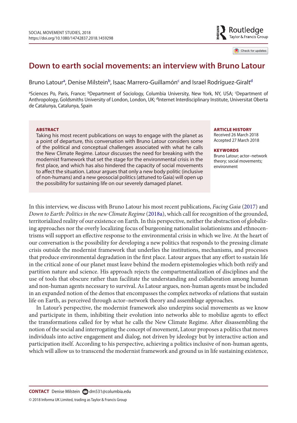 Down to earth social movements: an interview with Bruno Latour by Bruno Latour