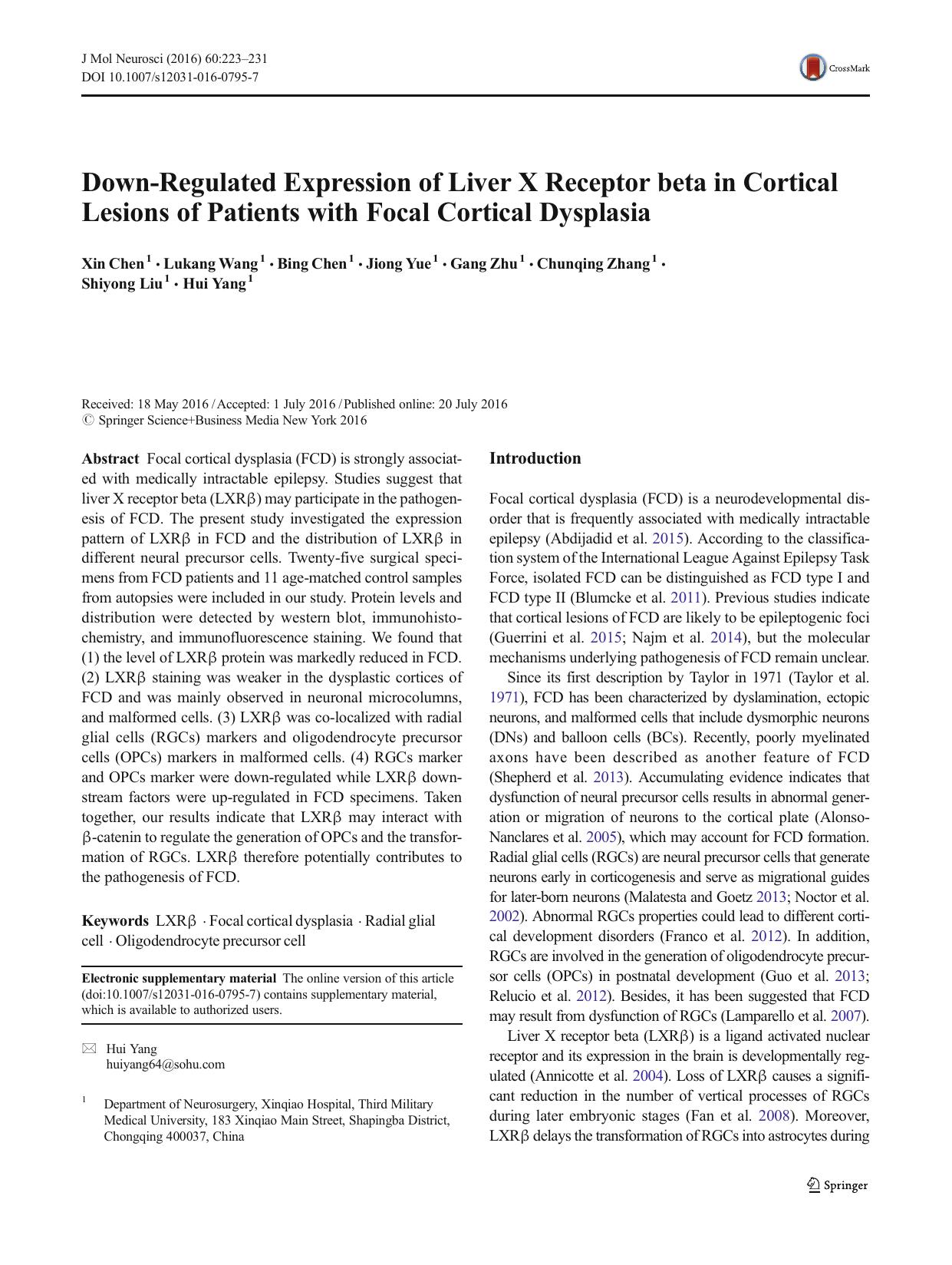 Down-Regulated Expression of Liver X Receptor beta in Cortical Lesions of Patients with Focal Cortical Dysplasia by Xin Chen & Lukang Wang & Bing Chen & Jiong Yue & Gang Zhu & Chunqing Zhang & Shiyong Liu & Hui Yang