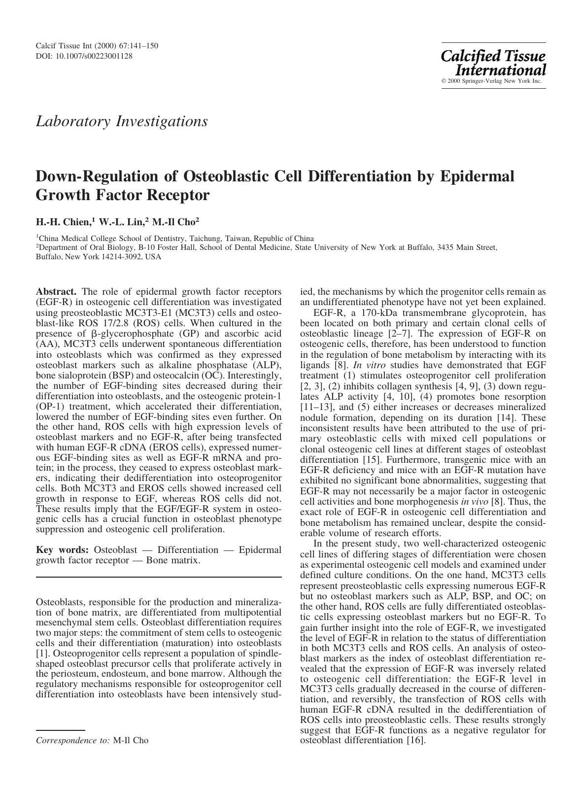 Down-Regulation of Osteoblastic Cell Differentiation by Epidermal Growth Factor Receptor by Chien H.-H. et al