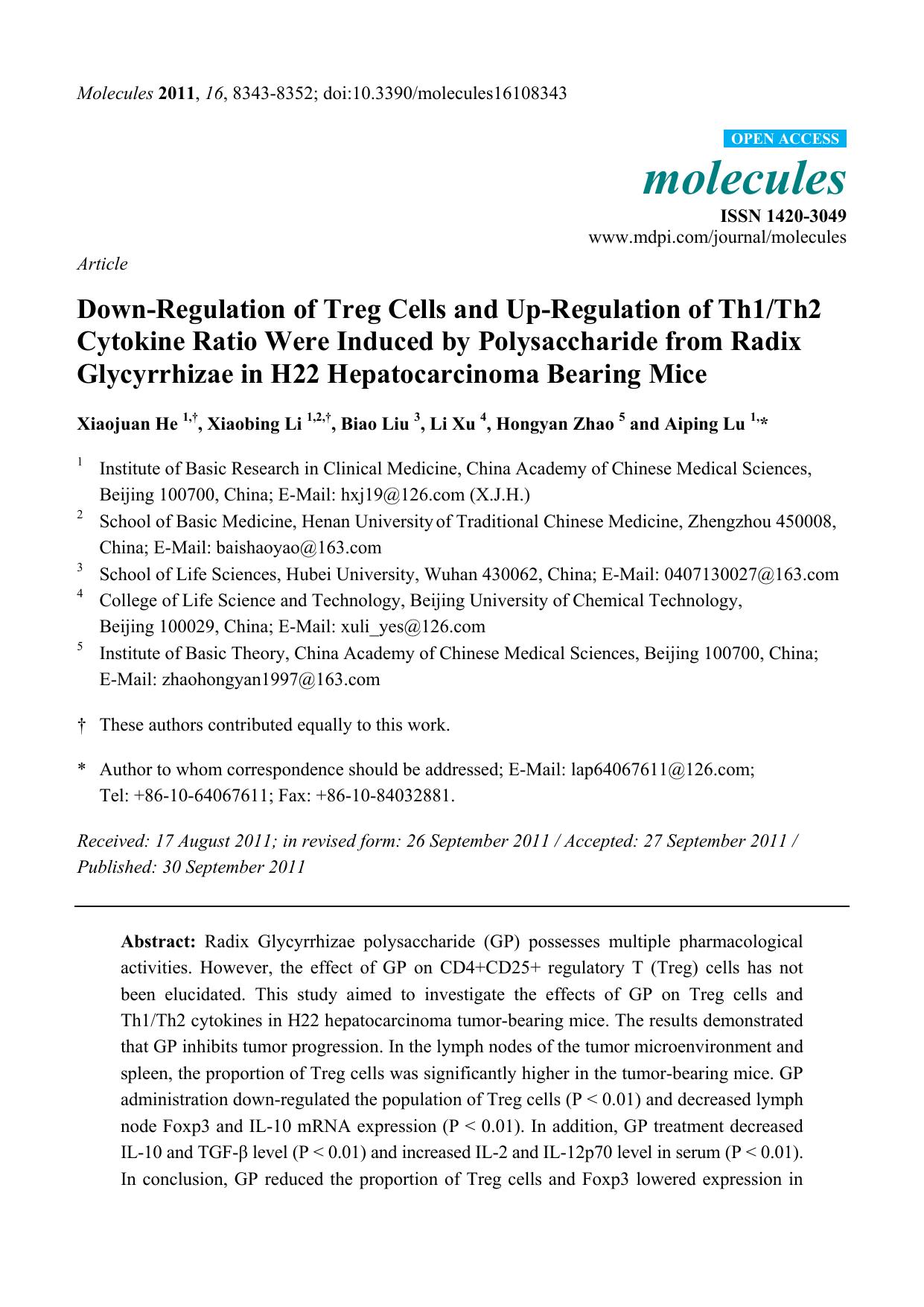Down-Regulation of Treg Cells and Up-Regulation of Th1Th2 Cytokine Ratio Were Induced by Polysaccharide from Radix Glycyrrhizae in H22 Hepatocarcinoma Bearing Mice by Xiaojuan He & Xiaobing Li & Biao Liu & Li Xu & Hongyan Zhao & Aiping Lu