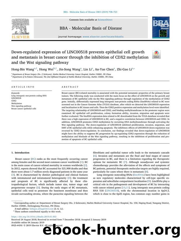Down-regulated expression of LINC00518 prevents epithelial cell growth and metastasis in breast cancer through the inhibition of CDX2 methylation and the Wnt signaling pathway by Hong-Bin Wang & Hong Wei & Jin-Song Wang & Lin Li & An-Yue Chen & Zhi-Gao Li