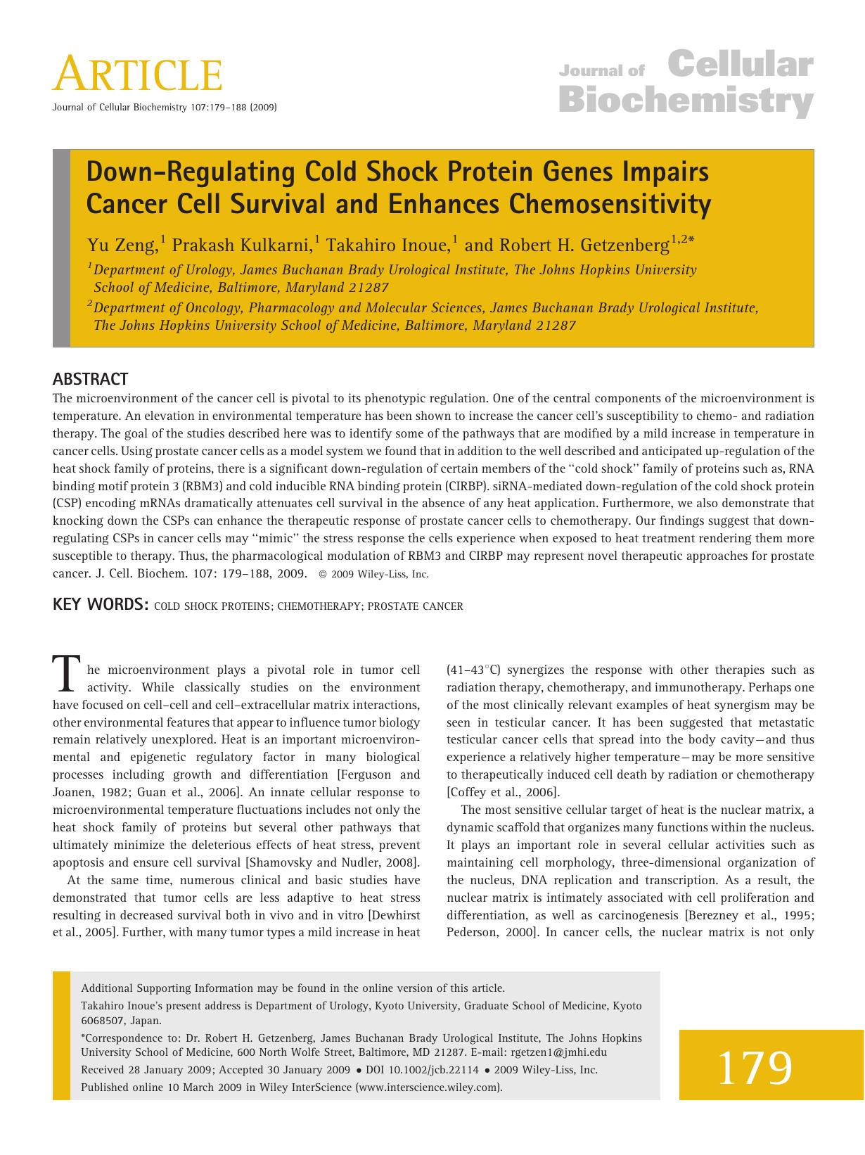 Down-regulating cold shock protein genes impairs cancer cell survival and enhances chemosensitivity by Unknown