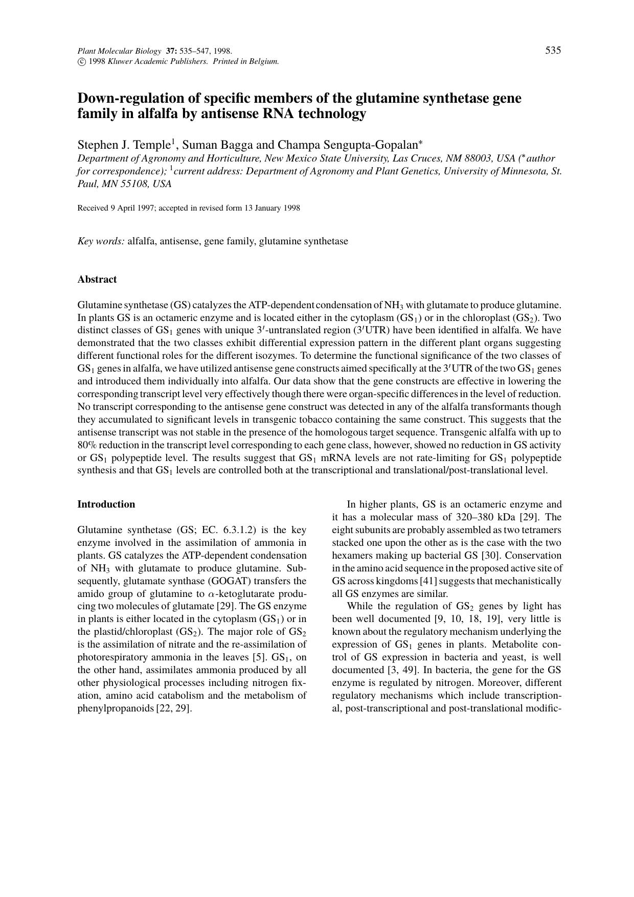 Down-regulation of specific members of the glutamine synthetase gene family in alfalfa by antisense RNA technology by Unknown