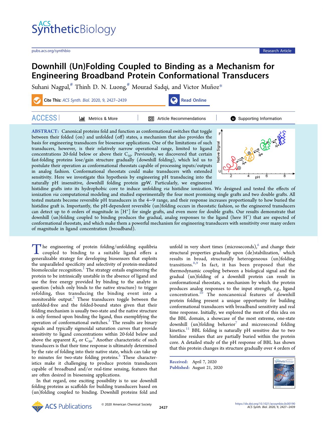 Downhill (Un)Folding Coupled to Binding as a Mechanism for Engineering Broadband Protein Conformational Transducers by Suhani Nagpal Thinh D. N. Luong Mourad Sadqi and Victor Muñoz