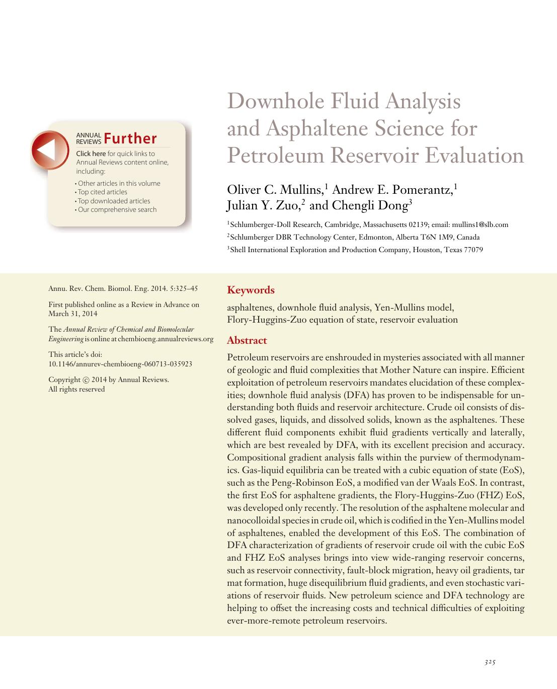 Downhole Fluid Analysis and Asphaltene Science for Petroleum Reservoir Evaluation by Oliver C. Mullins Andrew E. Pomerantz Julian Y. Zuo Chengli Dong