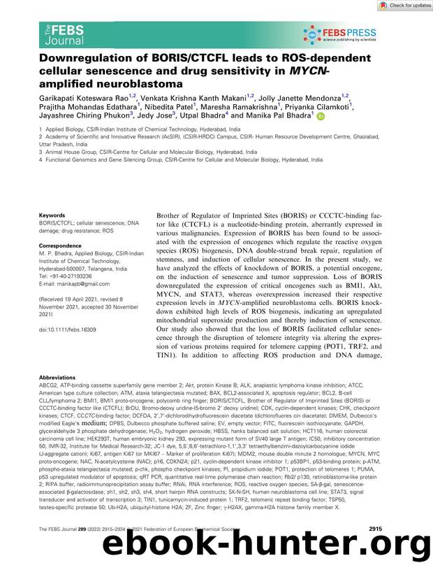 Downregulation of BORISCTCFL leads to ROSâdependent cellular senescence and drug sensitivity in MYCNâamplified neuroblastoma by Unknown