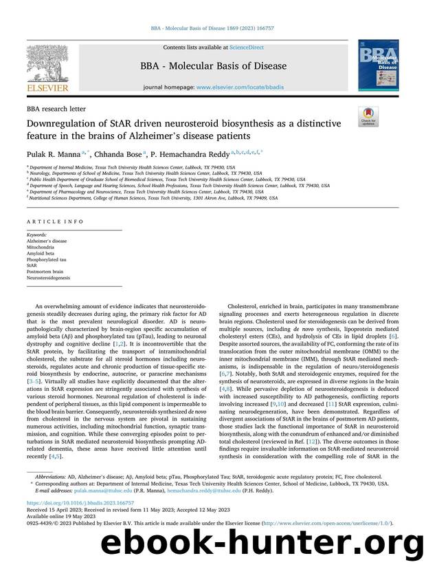 Downregulation of StAR driven neurosteroid biosynthesis as a distinctive feature in the brains of Alzheimer's disease patients by Pulak R. Manna & Chhanda Bose & P. Hemachandra Reddy