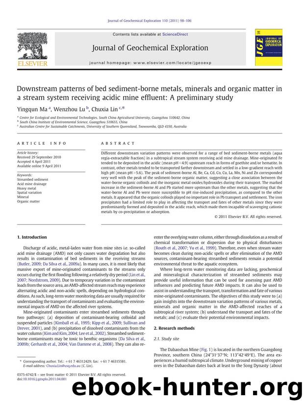 Downstream patterns of bed sediment-borne metals, minerals and organic matter in a stream system receiving acidic mine effluent: A preliminary study by Yingqun Ma
