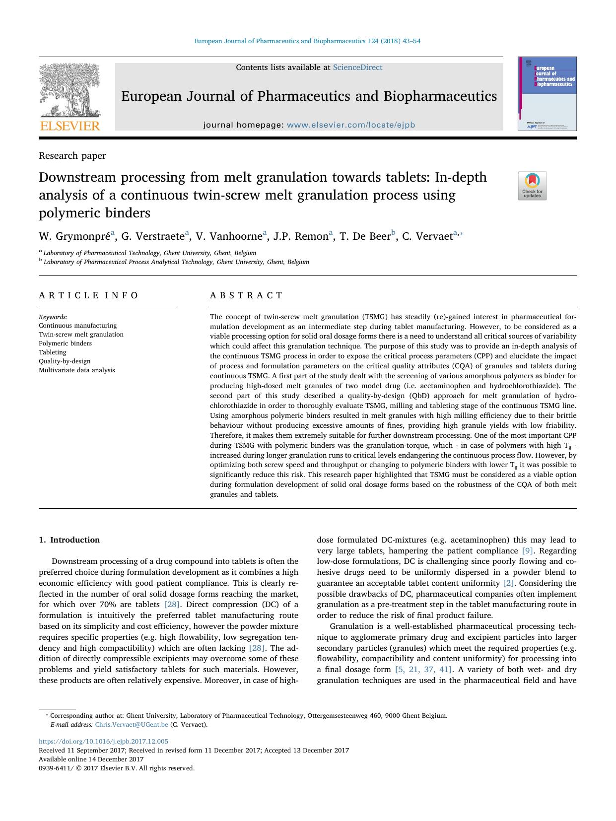 Downstream processing from melt granulation towards tablets_ In-depth analysis of a continuous twin-screw melt granulation process using polymeric binders by W. Grymonpré