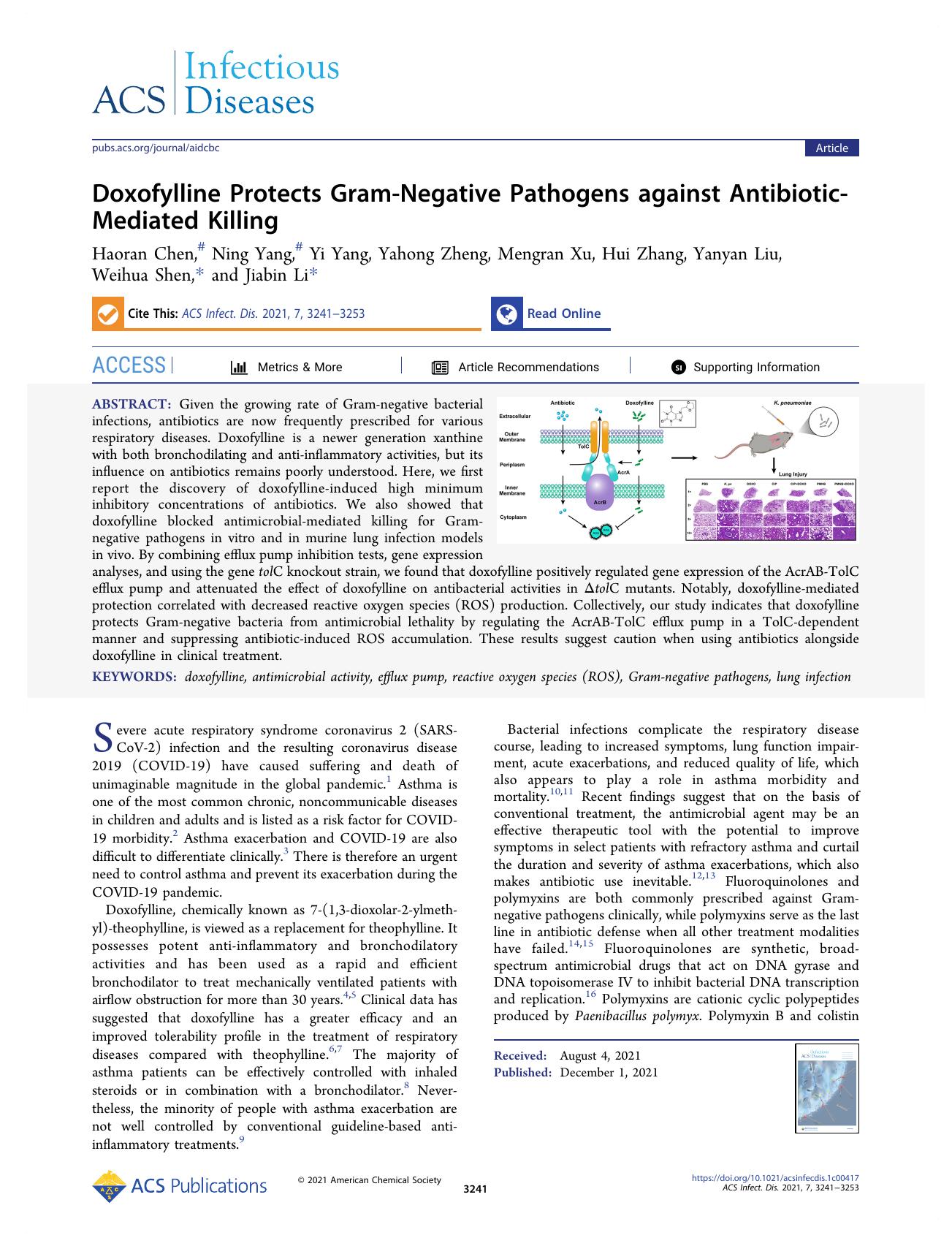 Doxofylline Protects Gram-Negative Pathogens against Antibiotic-Mediated Killing by unknow