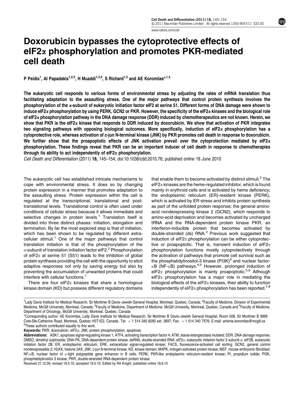 Doxorubicin bypasses the cytoprotective effects of eIF2&alpha; phosphorylation and promotes PKR-mediated cell death by P Peidis & A I Papadakis & H Muaddi & S Richard & A E Koromilas