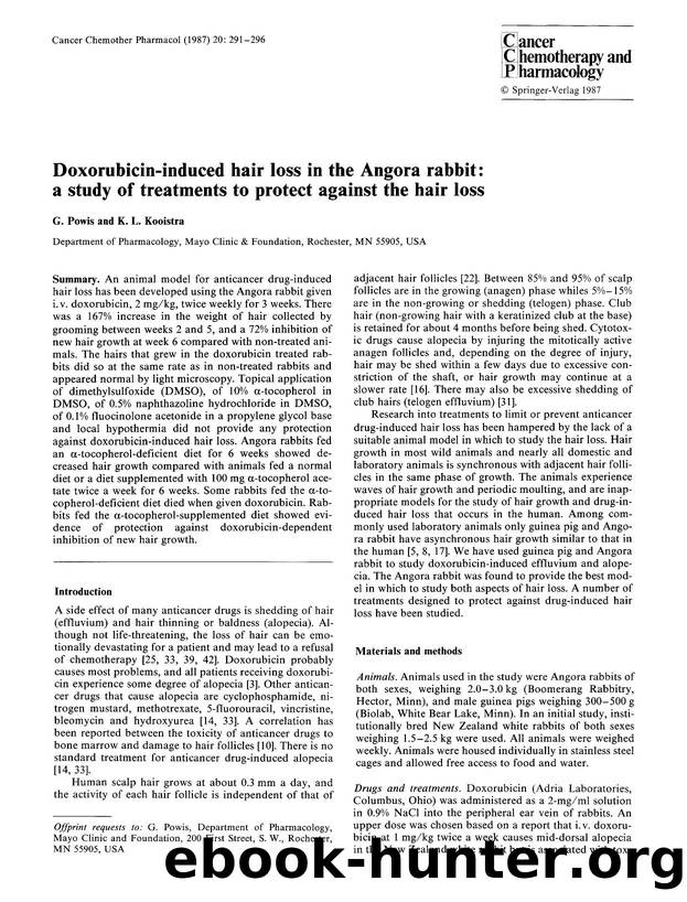 Doxorubicin-induced hair loss in the Angora rabbit: a study of treatments to protect against the hair loss by Unknown