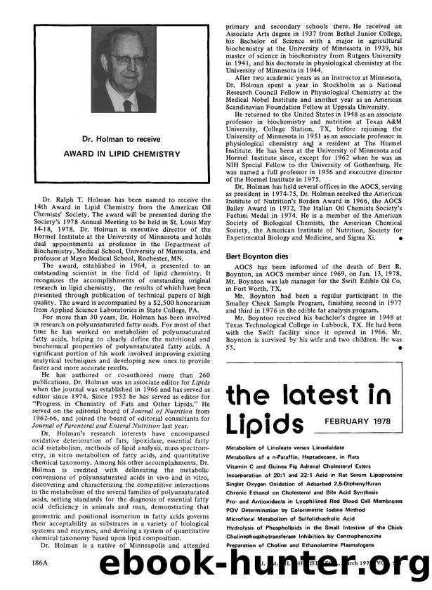 Dr. Holman to receive Award in Lipid Chemistry by Unknown