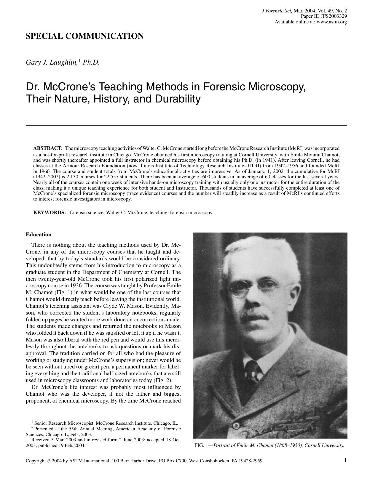 Dr. McCrone's teaching methods in forensic microscopy, their nature, history, and durability by Laughlin GT