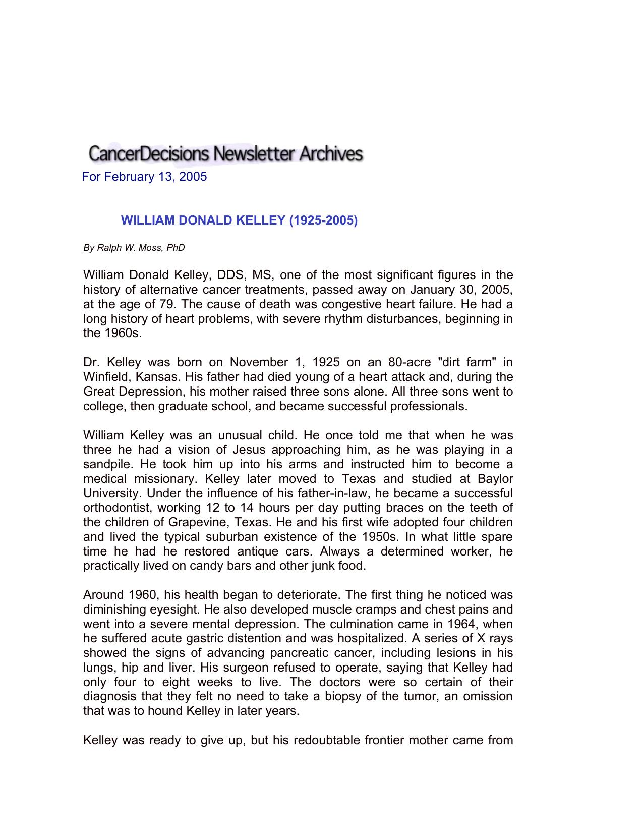 Dr. William Donald Kelley One Answer to Cancer (A do-it-yourself booklet - COMBINED) - Curing the Incurable Without Surgery, Chemotherapy, or Radiation by Dr. William Donald Kelley