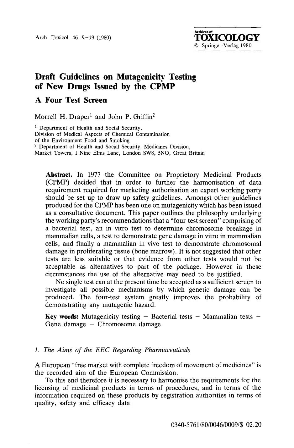 Draft guidelines on mutagenicity testing of new drugs issued by the CPMP by Unknown
