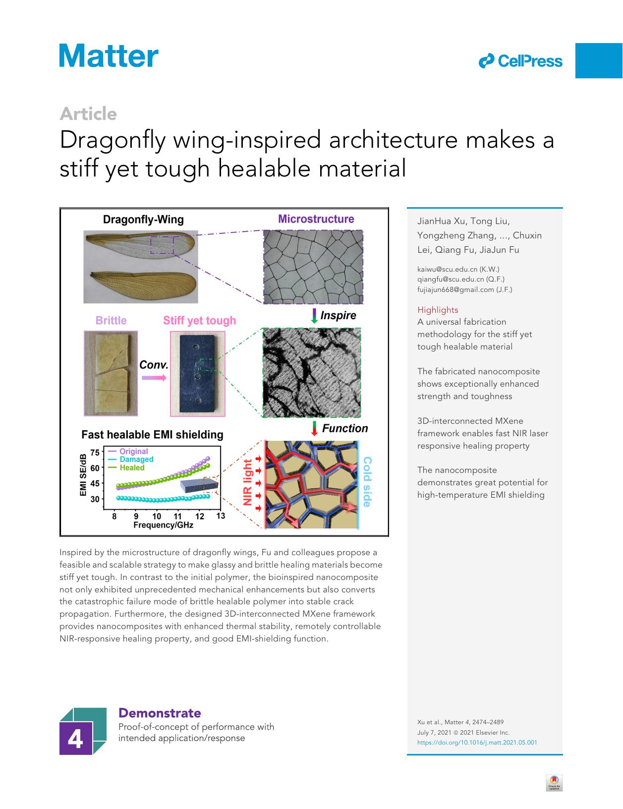 Dragonfly wing-inspired architecture makes a stiff yet tough healable material by JianHua Xu & Tong Liu & Yongzheng Zhang & YaNa Zhang & Kai Wu & Chuxin Lei & Qiang Fu & JiaJun Fu