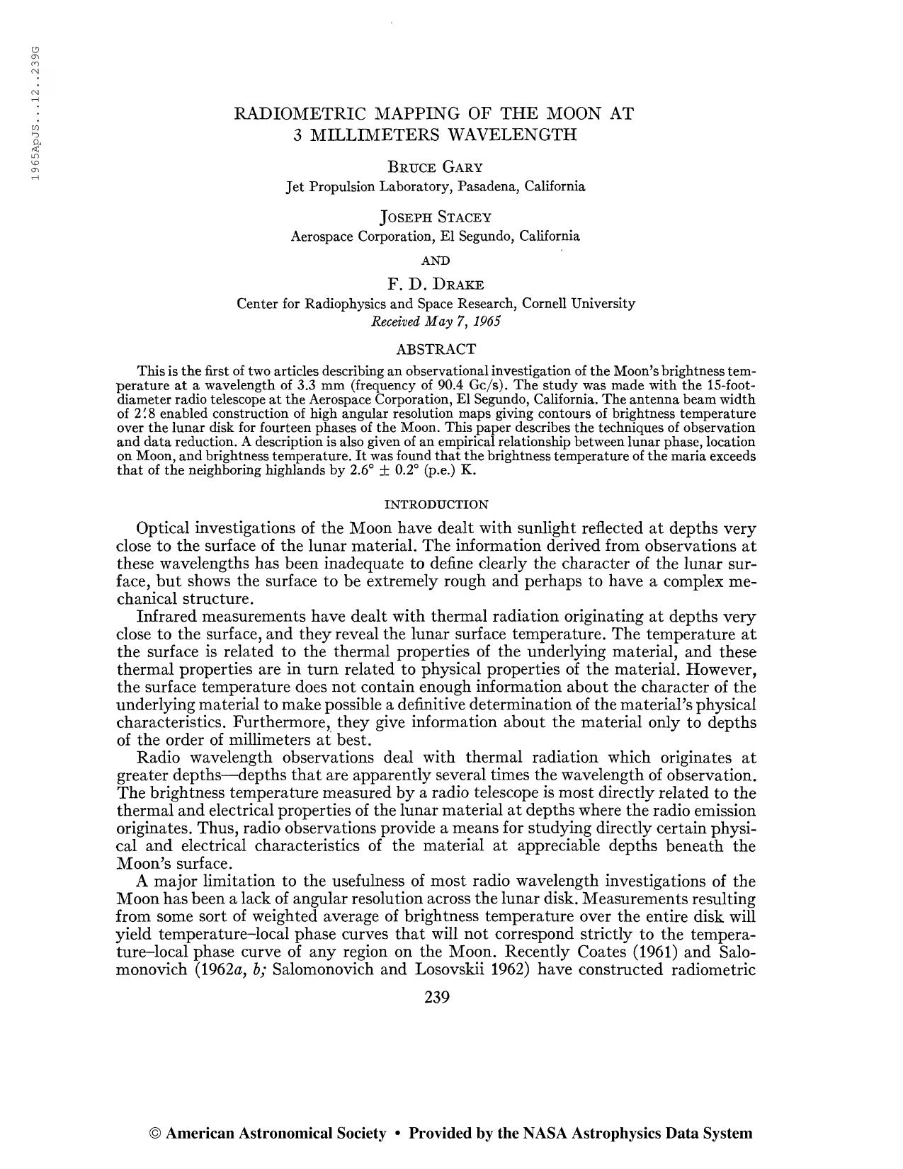 Drake, Frank by Radiometric Mapping of the Moon at 3-mm Wavelength (1965)