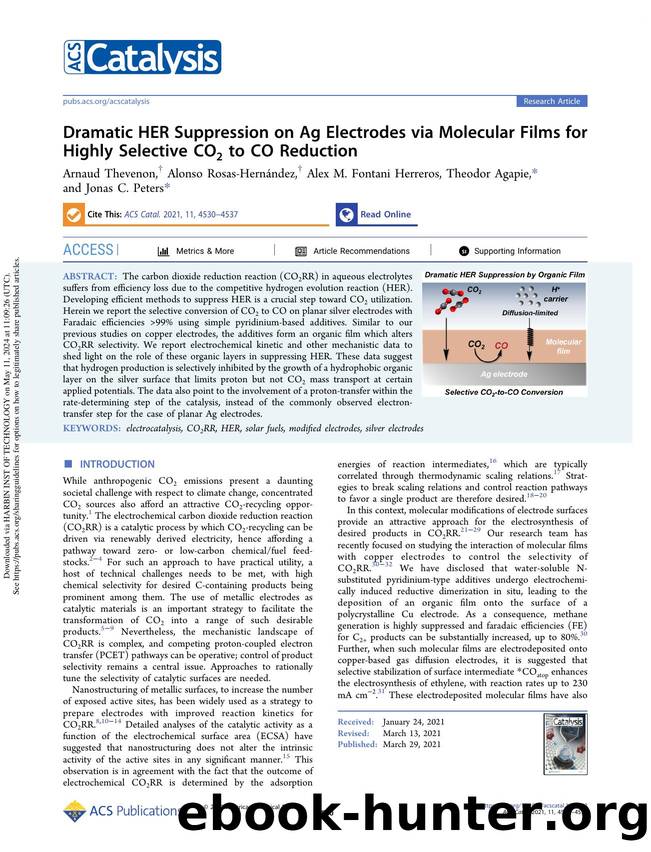 Dramatic HER Suppression on Ag Electrodes via Molecular Films for Highly Selective CO2 to CO Reduction by Arnaud Thevenon Alonso Rosas-Hernández Alex M. Fontani Herreros Theodor Agapie & Jonas C. Peters