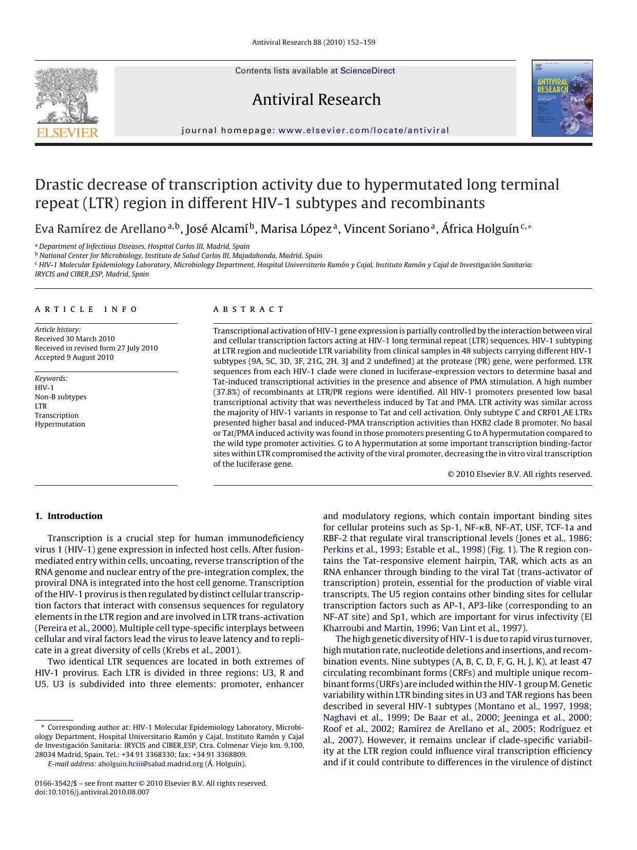 Drastic decrease of transcription activity due to hypermutated long terminal repeat (LTR) region in different HIV-1 subtypes and recombinants by Eva RamÃ­rez de Arellano