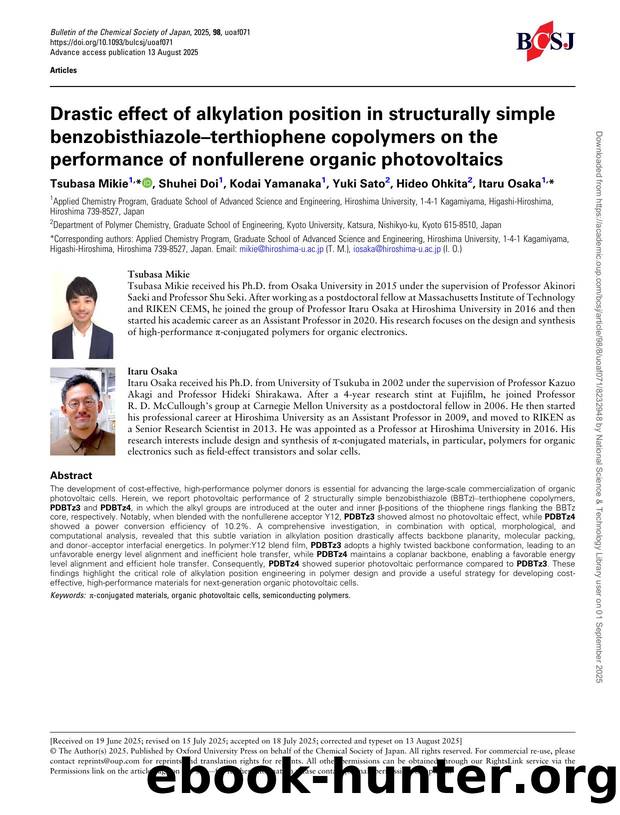 Drastic effect of alkylation position in structurally simple benzobisthiazoleâterthiophene copolymers on the performance of nonfullerene organic photovoltaics by Tsubasa Mikie & Shuhei Doi & Kodai Yamanaka & Yuki Sato & Hideo Ohkita & Itaru Osaka