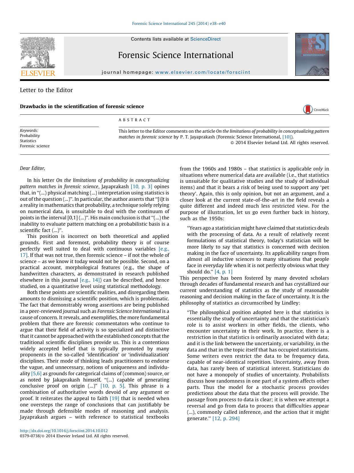 Drawbacks in the scientification of forensic science by A. Biedermann & J. Curran