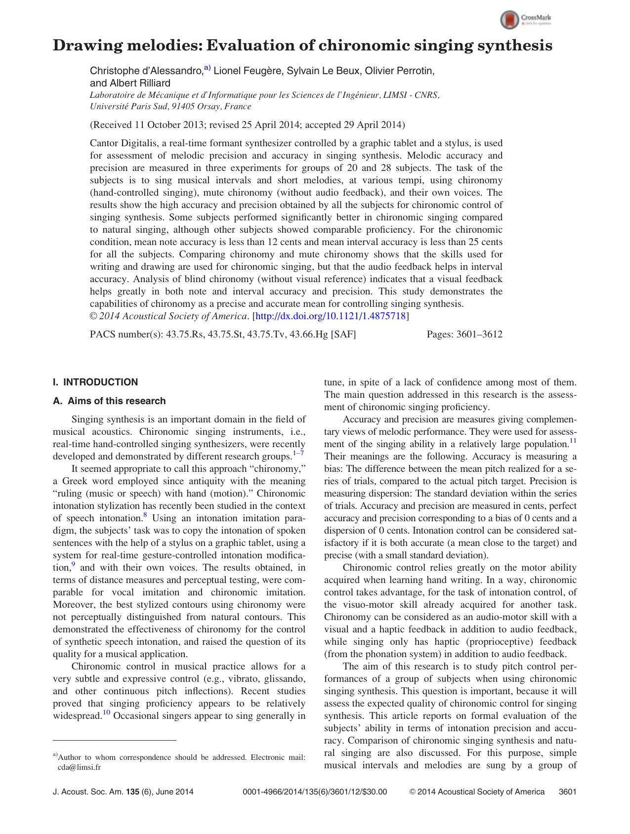 Drawing melodies: Evaluation of chironomic singing synthesis by Christophe d'Alessandro & Lionel Feugère & Sylvain Le Beux & Olivier Perrotin & Albert Rilliard
