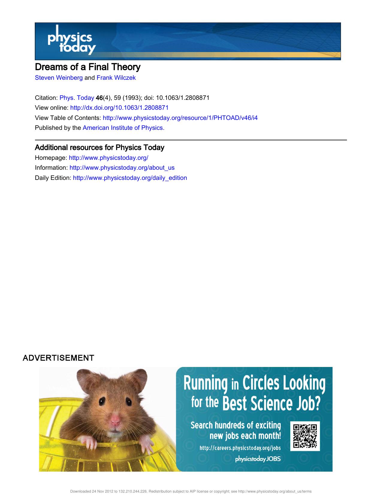 Dreams of a Final Theory [review] (1993) by Unknown