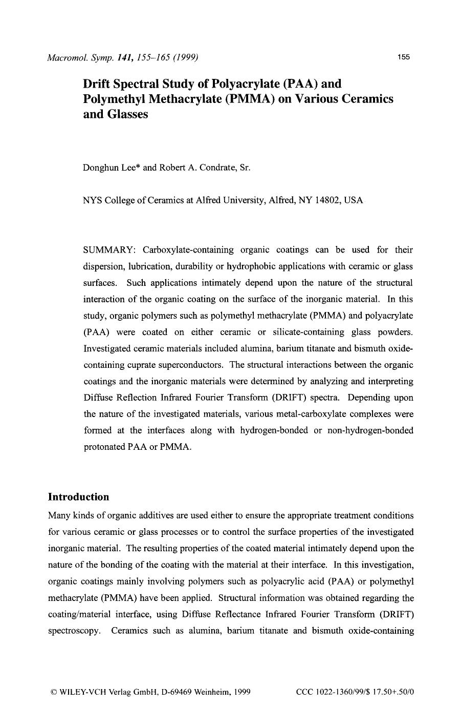 Drift spectral study of polyacrylate (PAA) and polymethyl methacrylate (PMMA) on various ceramics and glasses by Unknown