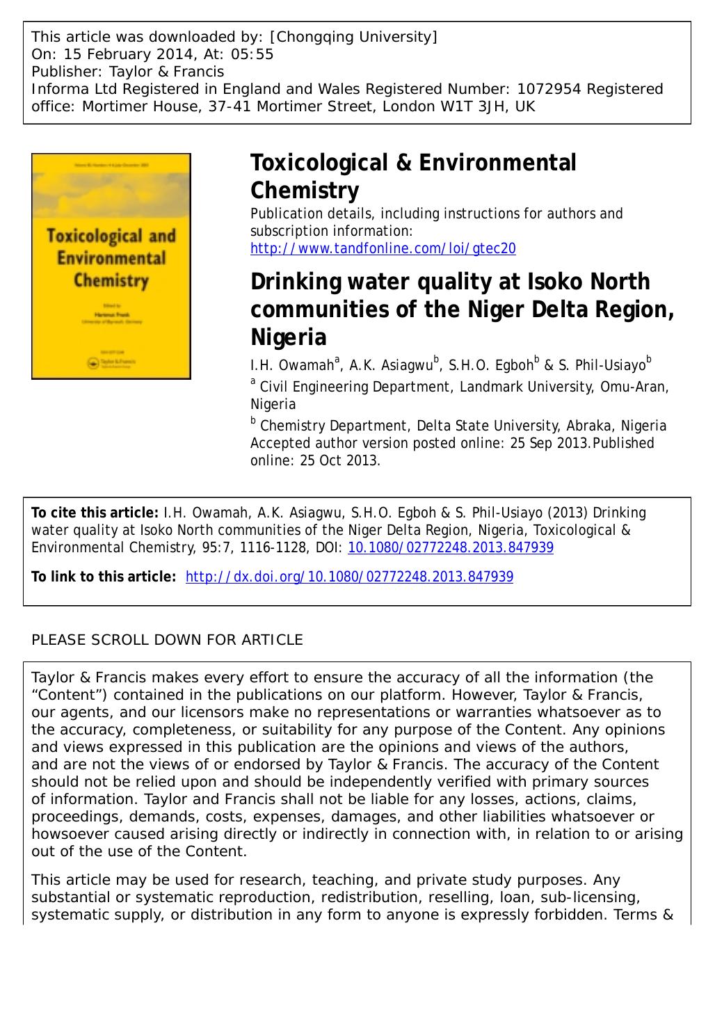Drinking water quality at Isoko North communities of the Niger Delta Region, Nigeria by I.H. Owamah & A.K. Asiagwu & S.H.O. Egboh & S. Phil-Usiayo