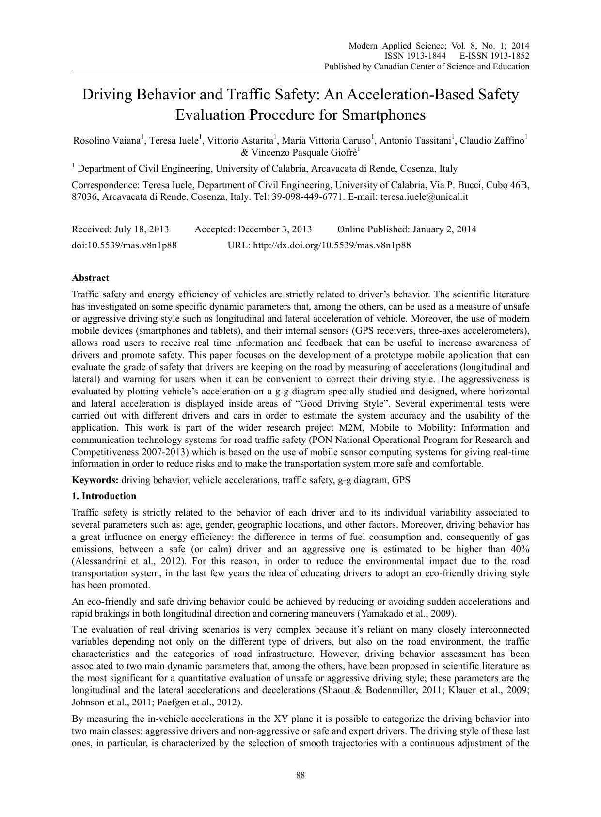 Driving behavior and traffic safety: An acceleration-based safety evaluation procedure for smartphones by Vaiana R. Iuele T. Astarita V. Caruso M.V. Tassitani A. Zaffino C. Giofrè V.P