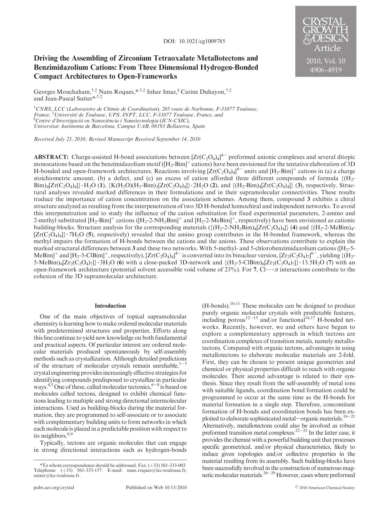 Driving the Assembling of Zirconium Tetraoxalate Metallotectons and Benzimidazolium Cations: From Three Dimensional Hydrogen-Bonded Compact Architectures to Open-Frameworks by Unknown