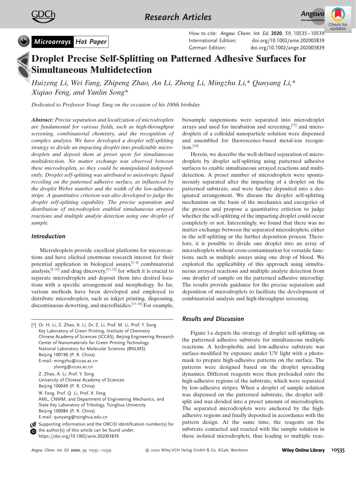 Droplet Precise SelfâSplitting on Patterned Adhesive Surfaces for Simultaneous Multidetection by Unknown