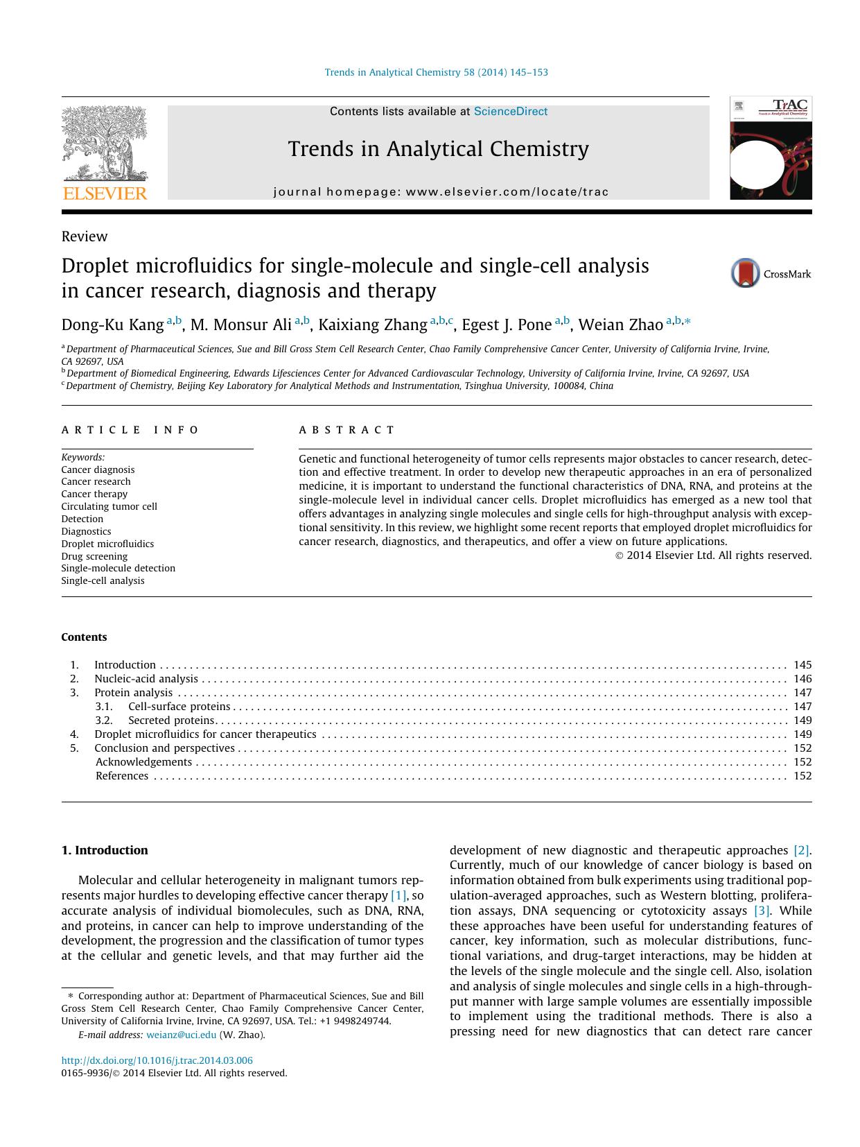 Droplet microfluidics for single-molecule and single-cell analysis in cancer research, diagnosis and therapy by Dong-Ku Kang & M. Monsur Ali & Kaixiang Zhang & Egest J. Pone & Weian Zhao