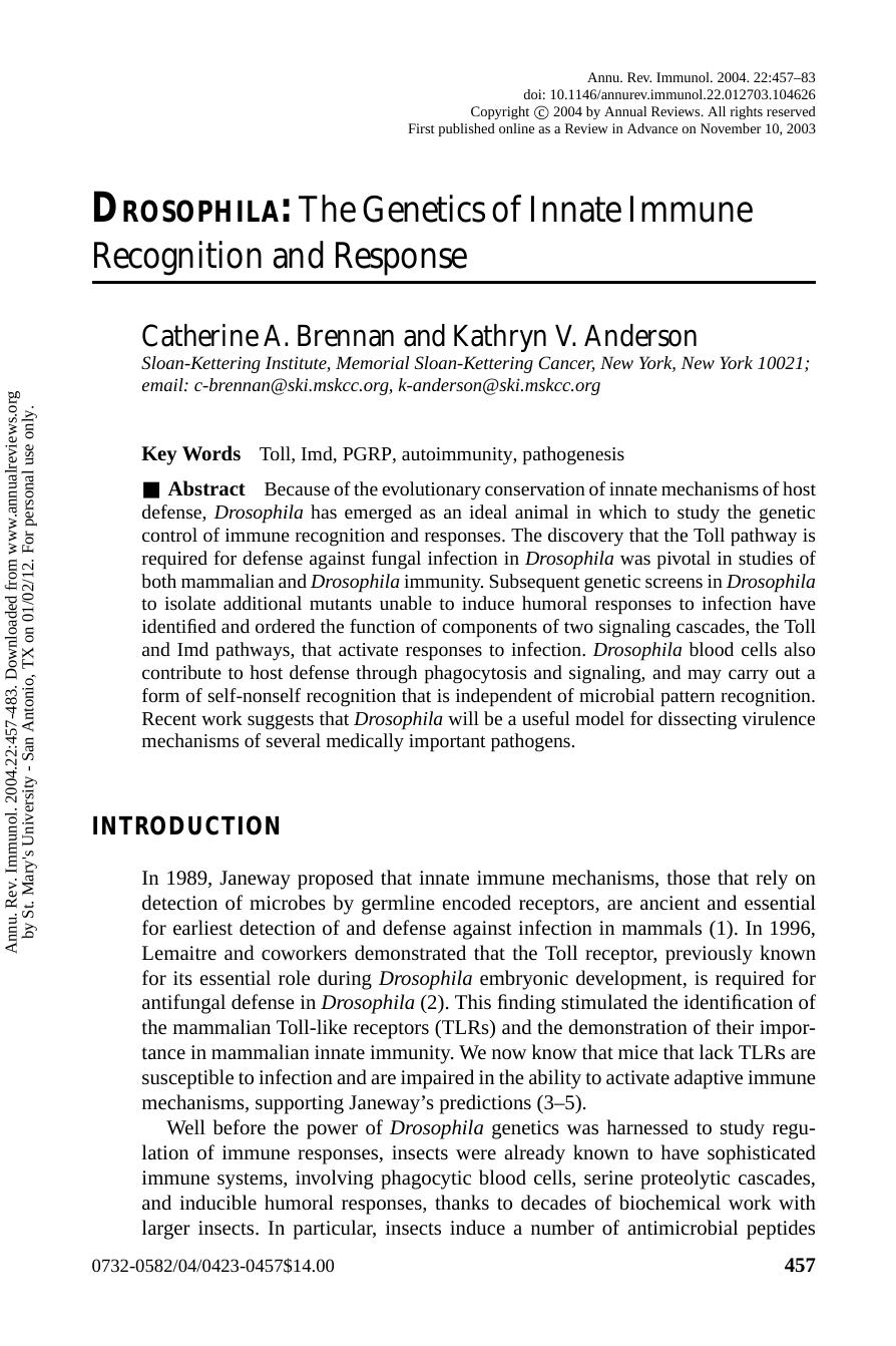 Drosophila: The Genetics of Innate Immune Recognition and Response by Catherine A. Brennan & Kathryn V. Anderson